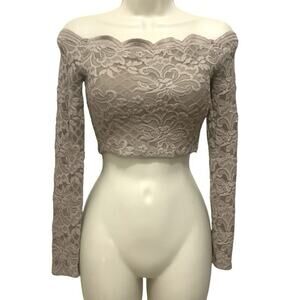 City Studio Beige Glitter Lace Off-Shoulder Long-Sleeve Crop Top Size 0 Padded